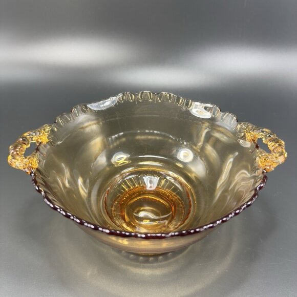 Vintage Gadroon Edges Amber Glass Footed Dish Bowl Container With Handles VTG - Picture 12 of 12